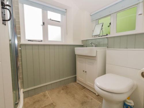 a bathroom with a toilet and a sink at Alice's Cottage in Bridport