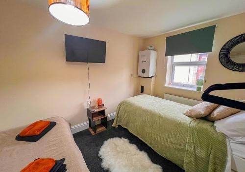 a bedroom with two beds and a flat screen tv at Charming Flat in Central Bristol in Bristol