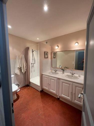 une salle de bain avec deux lavabos et une baignoire et des toilettes dans l'établissement Le Refuge - Superbe Duplex avec terrasse, à Tourrettes