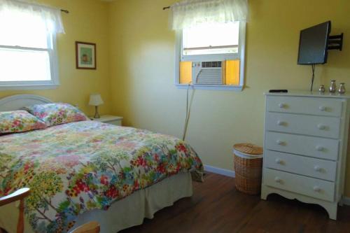 - une chambre avec un lit, une commode et une fenêtre dans l'établissement Pet Friendly Cottage, à Thompsonville