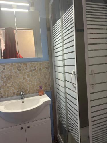 une salle de bain avec un lavabo et un miroir dans l'établissement Village naturiste - Studio Port-Soleil - Le rouge, au Cap d'Agde