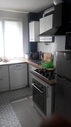 eine Küche mit weißen Schränken und einem Herd mit Backofen in der Unterkunft Superbe chambre confortable et lumineuse en appartement in Bry-sur-Marne