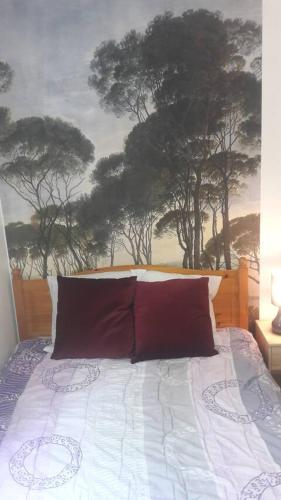 un letto con due cuscini rossi in una camera da letto di Superbe chambre confortable et lumineuse en appartement a Bry-sur-Marne
