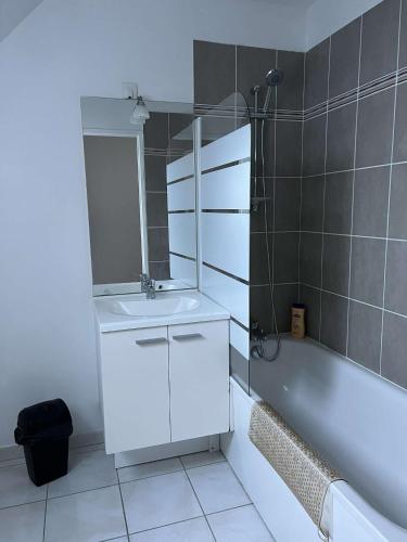 ein Badezimmer mit einem Waschbecken, einem Spiegel und einer Badewanne in der Unterkunft Maison à Saint sauveur 10 minutes d'Honfleur in La Rivière-Saint-Sauveur