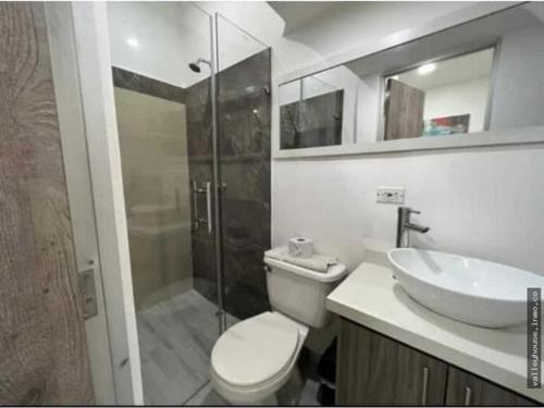 a bathroom with a toilet and a sink and a shower at Apartamento en Alameda Cali in Cali