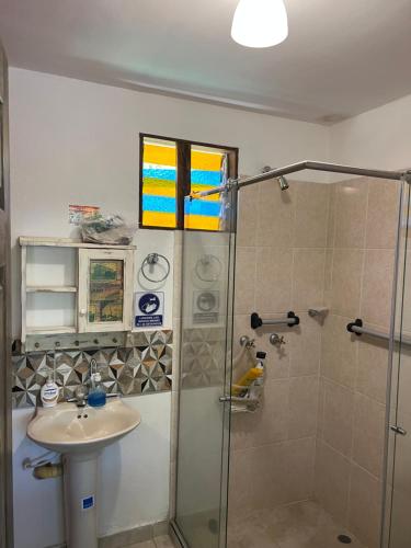 W łazience znajduje się prysznic i umywalka. w obiekcie Charming Nature House/ Finca Tradicional Cafetera w mieście Armenia