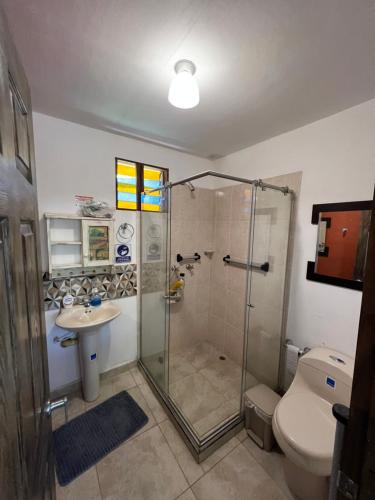a bathroom with a shower and a toilet and a sink at Charming Nature House/ Finca Tradicional Cafetera in Armenia