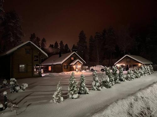 un grupo de árboles de Navidad delante de una cabaña en Villa Kalajärvi, en Seinäjoki