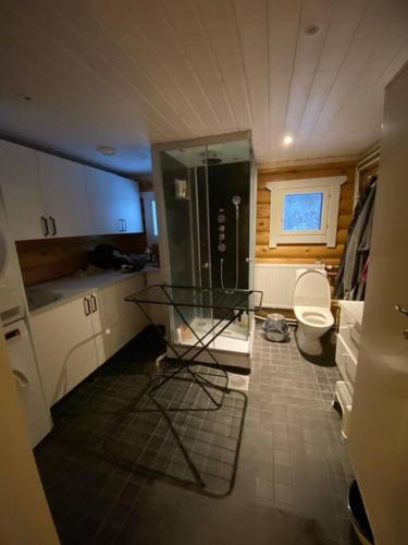a bathroom with a glass shower and a toilet at Villa Kalajärvi in Seinäjoki
