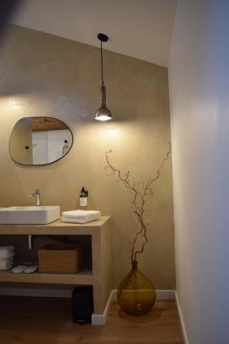 a bathroom with a sink and a mirror and a vase at Le Chai in Nissan-lez-Enserune