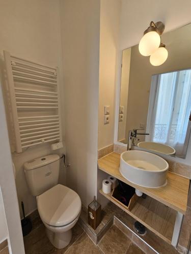 een badkamer met een toilet, een wastafel en een spiegel bij Le Weber-Paris in Pantin