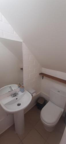 La salle de bains blanche est pourvue de toilettes et d'un lavabo. dans l'établissement Linda y acogedora casa en Coquimbo, à Coquimbo
