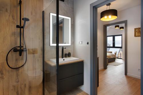 a bathroom with a shower and a sink and a mirror at Aroma Domki - Krynica Zdrój in Krynica Zdrój