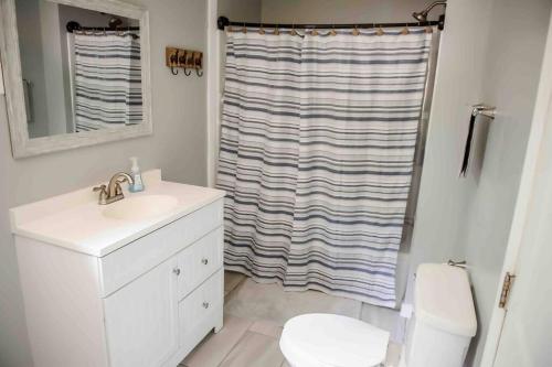 uma casa de banho com um lavatório e uma cortina de chuveiro em Brimstone Getaway w/Mountain View’s em Huntsville