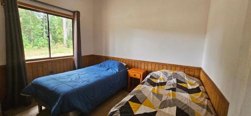 een slaapkamer met 2 bedden en een raam bij Casa de campo Villarrica in Villarrica