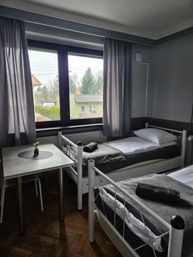 1 Schlafzimmer mit 2 Etagenbetten und einem Fenster in der Unterkunft Pokoje na Wilkońskich, Swarzędz in Swarzędz