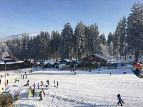 a group of people skiing on a snow covered slope at Pensiunea "Casa Frasin" in Vatra Dornei