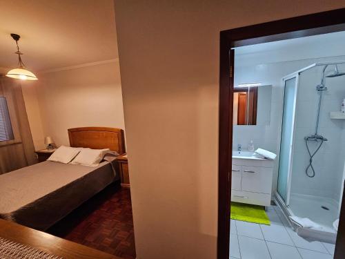 Un dormitorio con una cama y un baño con ducha. en SAO PEDRO APARTMENT, en Santa Cruz