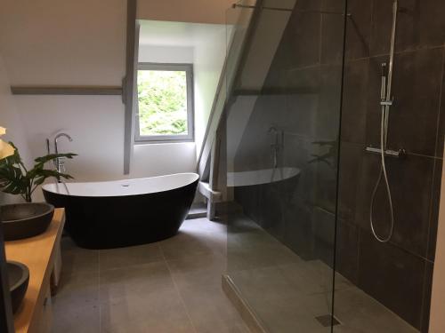 uma casa de banho com uma banheira e um chuveiro em vidro. em Oak Wood - Olympic Villa em La Queue-lès-Yvelines