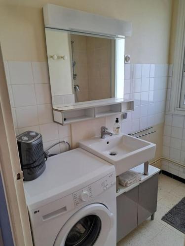 une salle de bain avec une machine à laver et un lavabo dans l'établissement Face à la plage, à Palavas-les-Flots