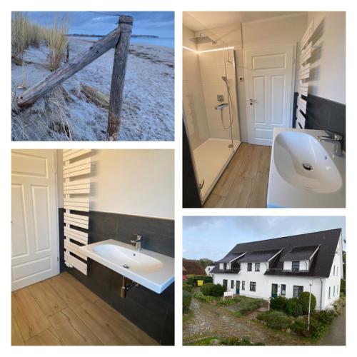 a collage of pictures of a bathroom and a house at Ferienwohnung Groß Zicker in Groß Zicker