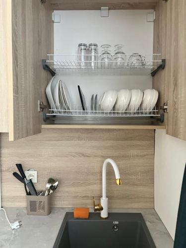 a kitchen sink with plates and utensils on a shelf at Hyat apartment in Bishkek