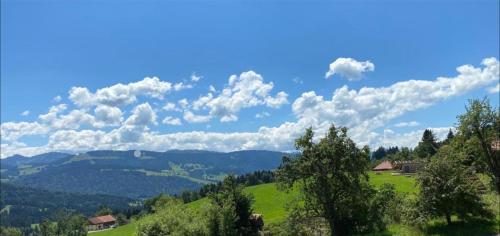 um campo verde com árvores e um céu azul com nuvens em Hotel JMS Holiday Allgäu em Oberreute