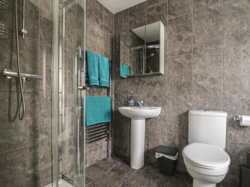 een badkamer met een toilet, een wastafel en een douche bij Holly Tree House in Herne Bay