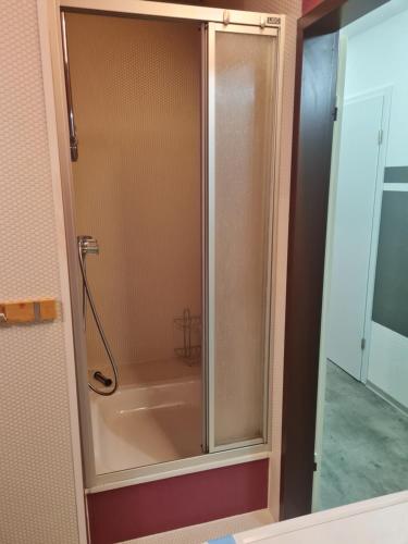 eine Dusche mit Glastür im Bad in der Unterkunft Monteur- und Ferienwohnung Siegen Miller in Siegen