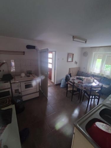a kitchen and a living room with a table at Kuca za odmor Marina Jelenkovic in Knjazevac.