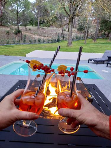 une personne tenant deux verres de vin devant un feu dans l'établissement Le Clos FMR - Loft Romain Carcassonne, à Malves