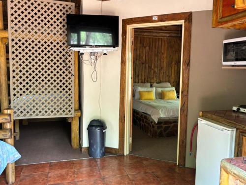 a bedroom with a bed and a flat screen tv at ThabaNkwe Bushveld Inn in Thabazimbi