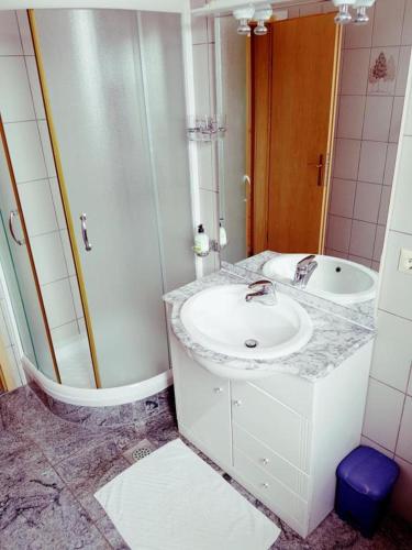a bathroom with a sink and a shower at Villa Baldi -Apartmani Danny in Tar