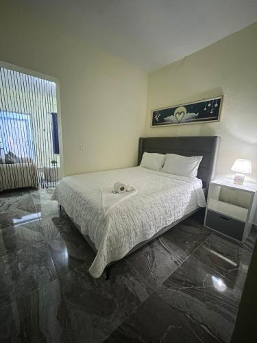a bedroom with a bed with a white bedspread at Neo’s hotel in Santa Cruz de Barahona
