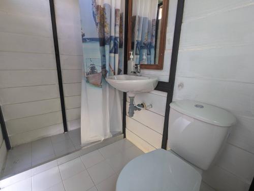 a bathroom with a white toilet and a sink at Mamaterra Glamping in Macanal