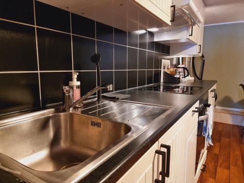 a stainless steel sink in a kitchen with black tiles at Kjellerleilighet egen inngang. in Stange