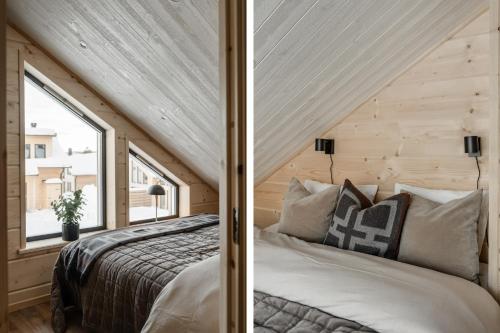 two pictures of a bedroom in a tiny house at Helt nytt exklusivt boende i Stöten in Sälen