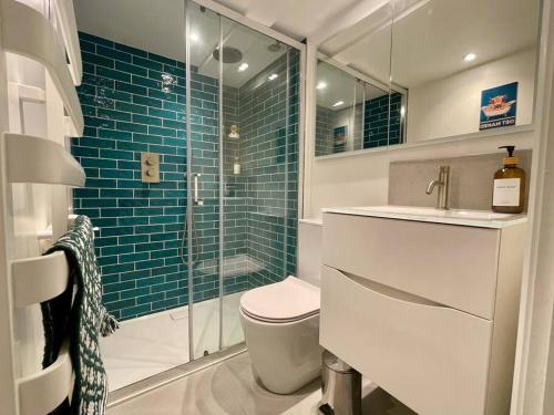 a bathroom with a shower and a toilet and a sink at Quaint Cottage in the heart of Arundel in Arundel