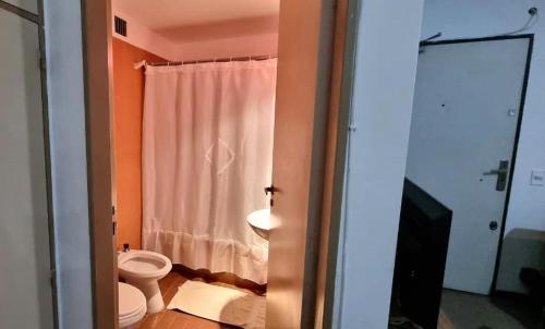 a bathroom with a toilet and a shower curtain at DEPARTAMENTO PLENO CENTRO DE BUENOS AIRES in Buenos Aires