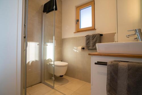 a bathroom with a shower and a toilet and a sink at Ferienwohnung Osterbach in Bad Feilnbach
