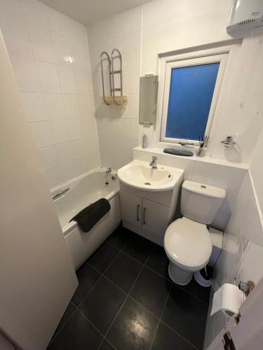 a white bathroom with a toilet and a sink at Cosy North Wales 2 BEDROOM Chalet in Caernarfon