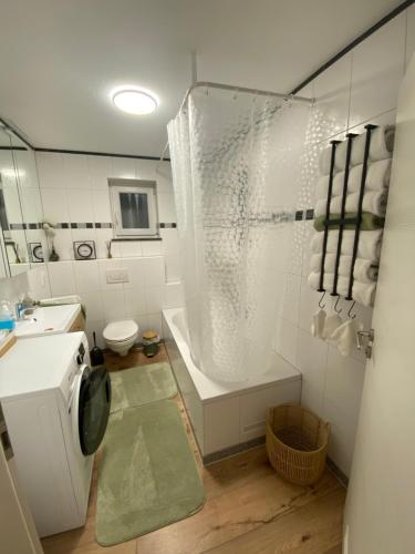 a bathroom with a shower and a sink and a toilet at Gemeinsame Zeit in Appenweier