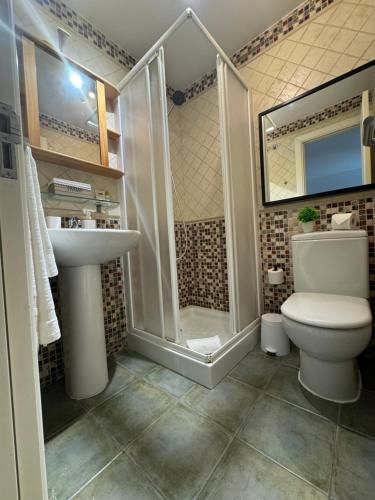 a bathroom with a shower and a toilet and a sink at Apartamento Deluxe Ciudad Jardin in Las Palmas de Gran Canaria