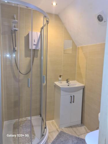 y baño con ducha y lavamanos. en The Reading whole apartment with private lake and gardens en Reading