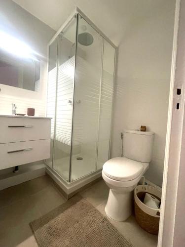 une salle de bain avec toilettes et douche en verre dans l'établissement Dans le triangle d’Or de Boulogne, à Boulogne-Billancourt