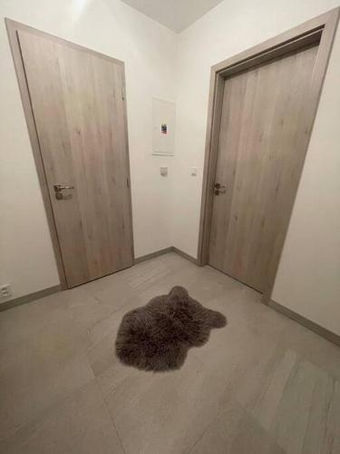 futrzany dywan na podłodze w pokoju z dwoma drzwiami w obiekcie Apartman Luksa 