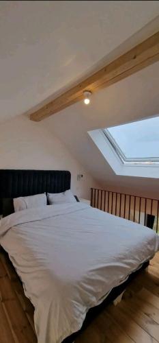 a bedroom with a large white bed with a skylight at Penthouse lumineux in Brussels