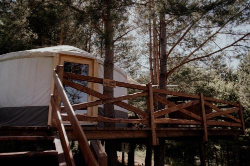 a yurt with a wooden deck in a forest at Jurty z widokiem, prywatna balia- DZIKOLAS GLAMPING in Krasnobród