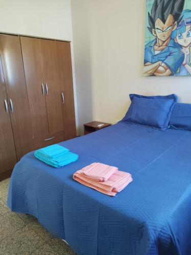 1 dormitorio con 1 cama azul y 2 toallas en Casa el Bahual en Tinogasta