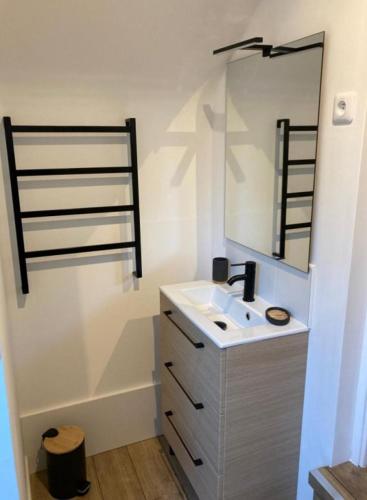 une salle de bain avec un lavabo et un miroir dans l'établissement LA CHAMBRE PERCHEE DES HORTENSIAS, à Saint-Martin-Boulogne